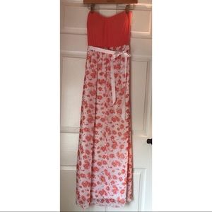 Strapless coral floral maxi dress